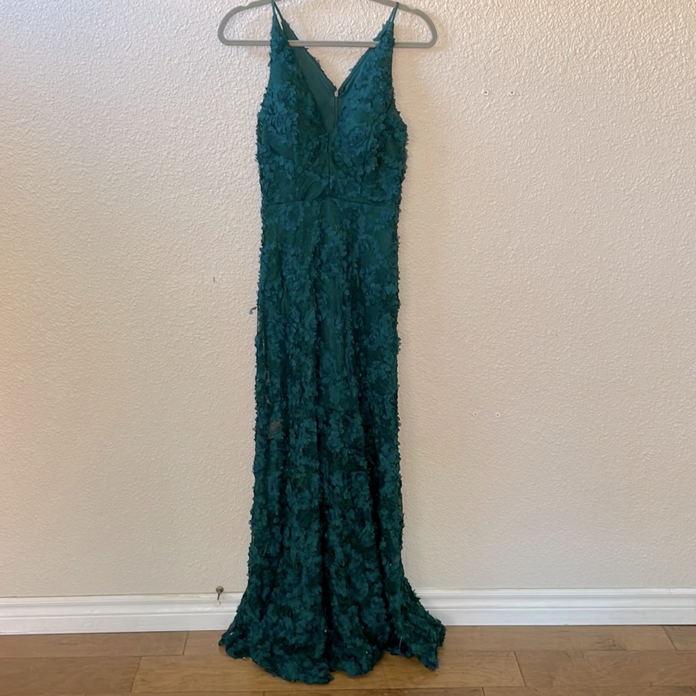 Dark teal floral lace gown